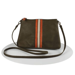 schoudertas kate handgemaakt van olijfgroen leer met oranje en off-white retro stripes