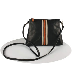 schoudertas kate handgemaakt van zwart leer met oranje en off-white retro stripes