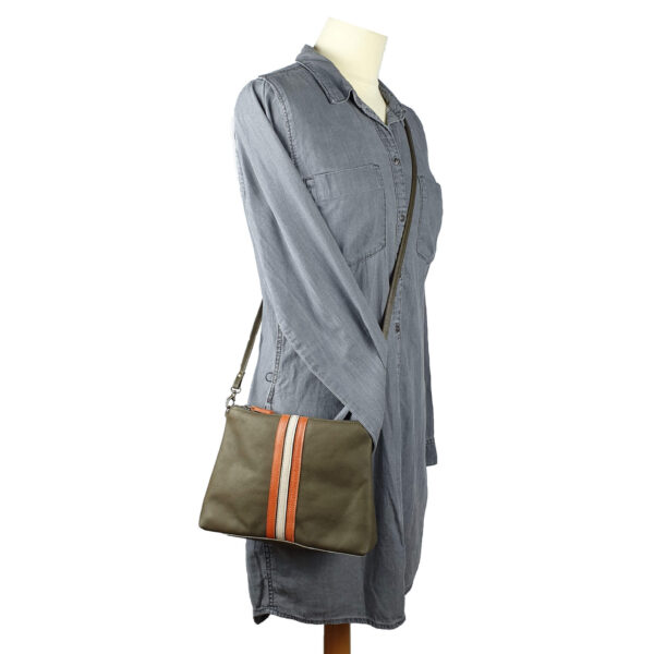 women shoulder bag kate handmade olive leather with retro stripes